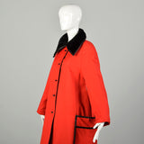 Large 1960s Coat Mod Red Canvas Faux Fur Lined Lightweight Winter Overcoat