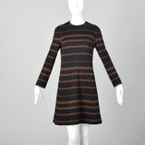 Large 1960s Wool Knit Two Piece Set Dress Jacket Cumberbund Ensemble Brown Black Horizontal Stripe