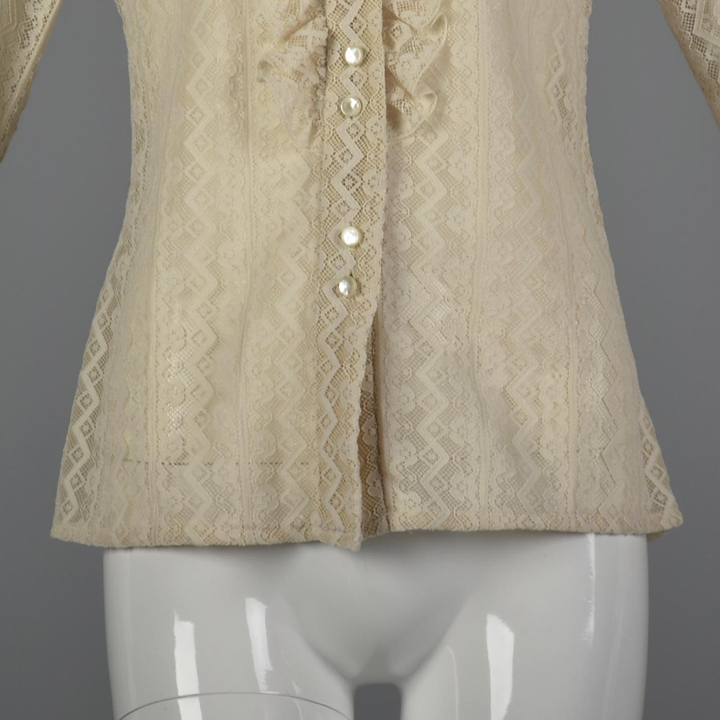 1970s Lace Blouse with Tuxedo Ruffle Front