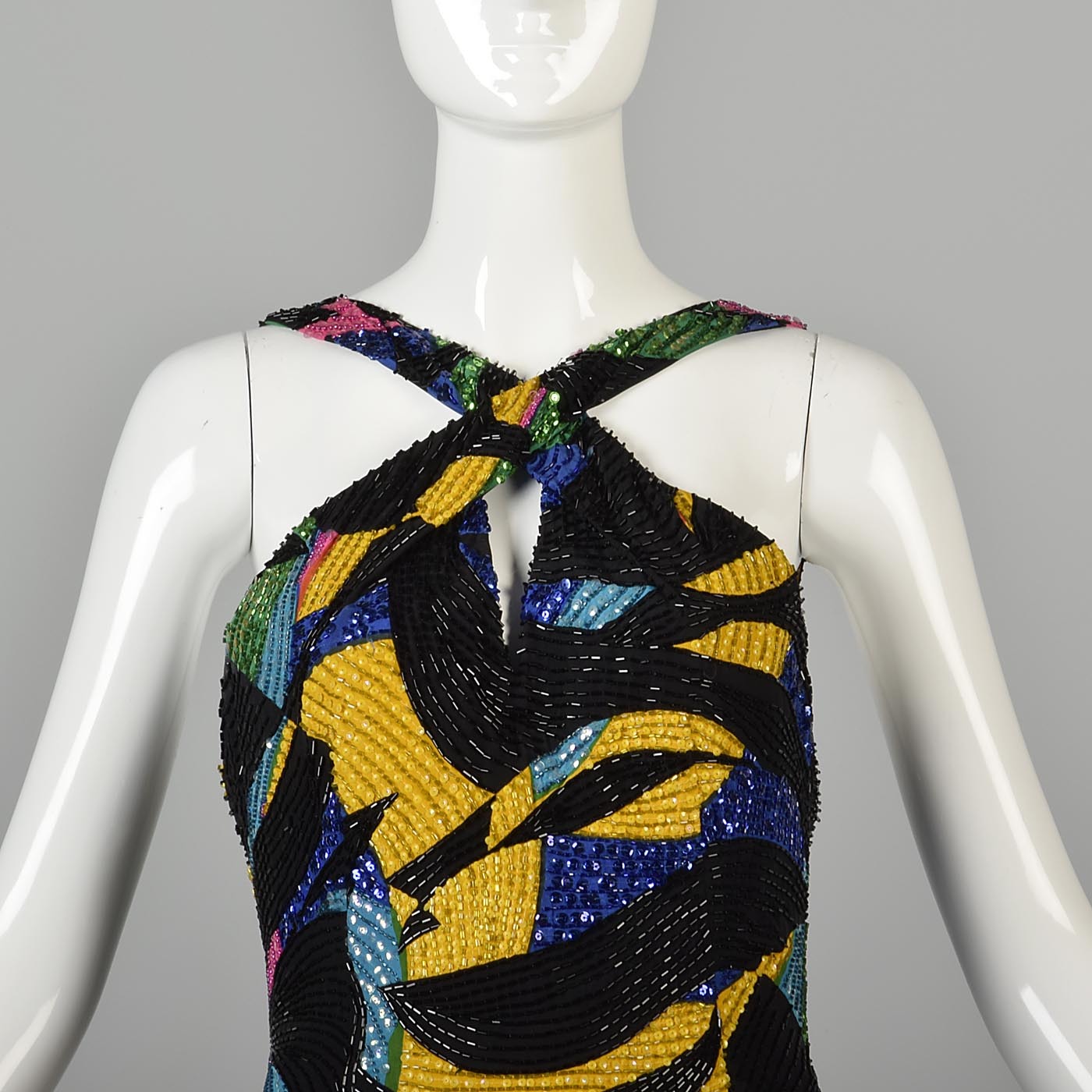 1990s Michael Novarese Abstract Beaded Formal Dress