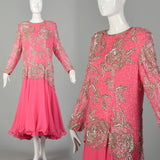 XXL 1980s Pink Formal Dress Silk Beaded Drop Waist