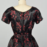 Small Suzy Perette 1950s Dress Black and Red Floral Silk Brocade with Built in Crinoline