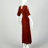 Small 1930s Silk Velvet Dress Tawny Glamorous Beaded Evening Gown Old Hollywood