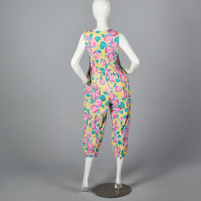 1980s Yellow Jumpsuit with a Bright Floral Print
