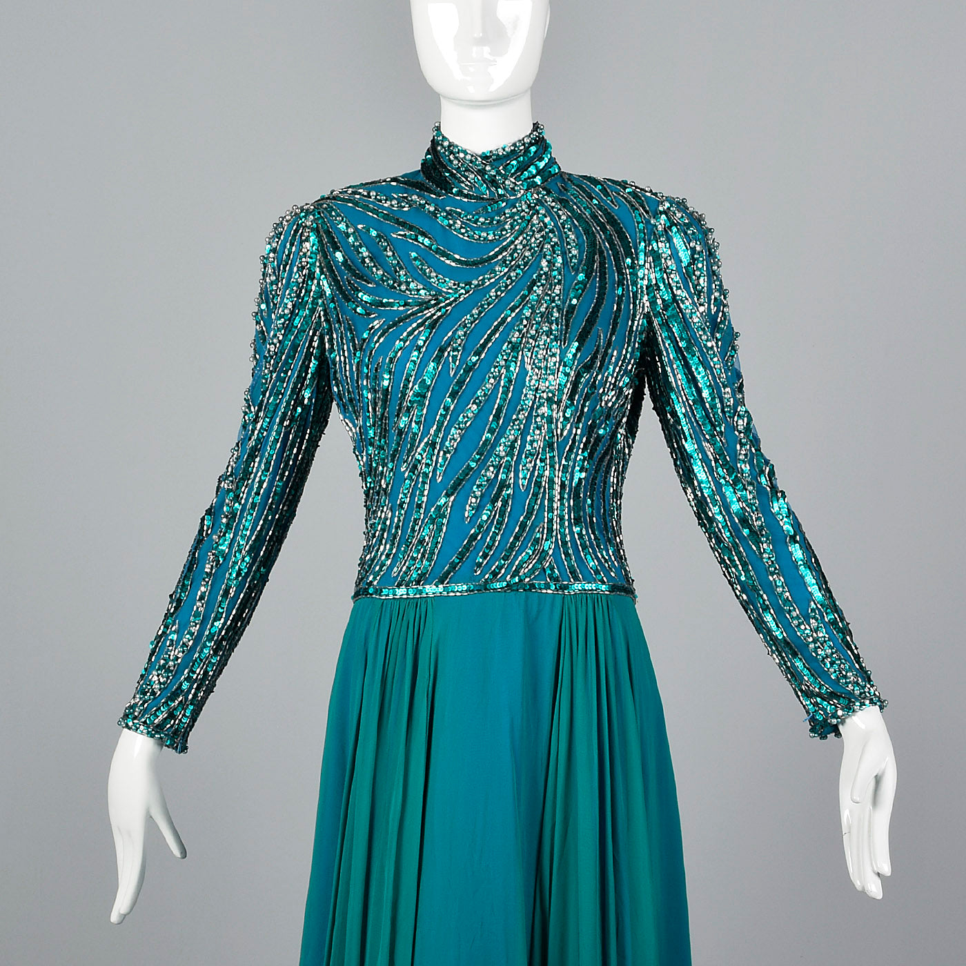 Sequined Bob Mackie Gown with a Layered Silk Chiffon Skirt