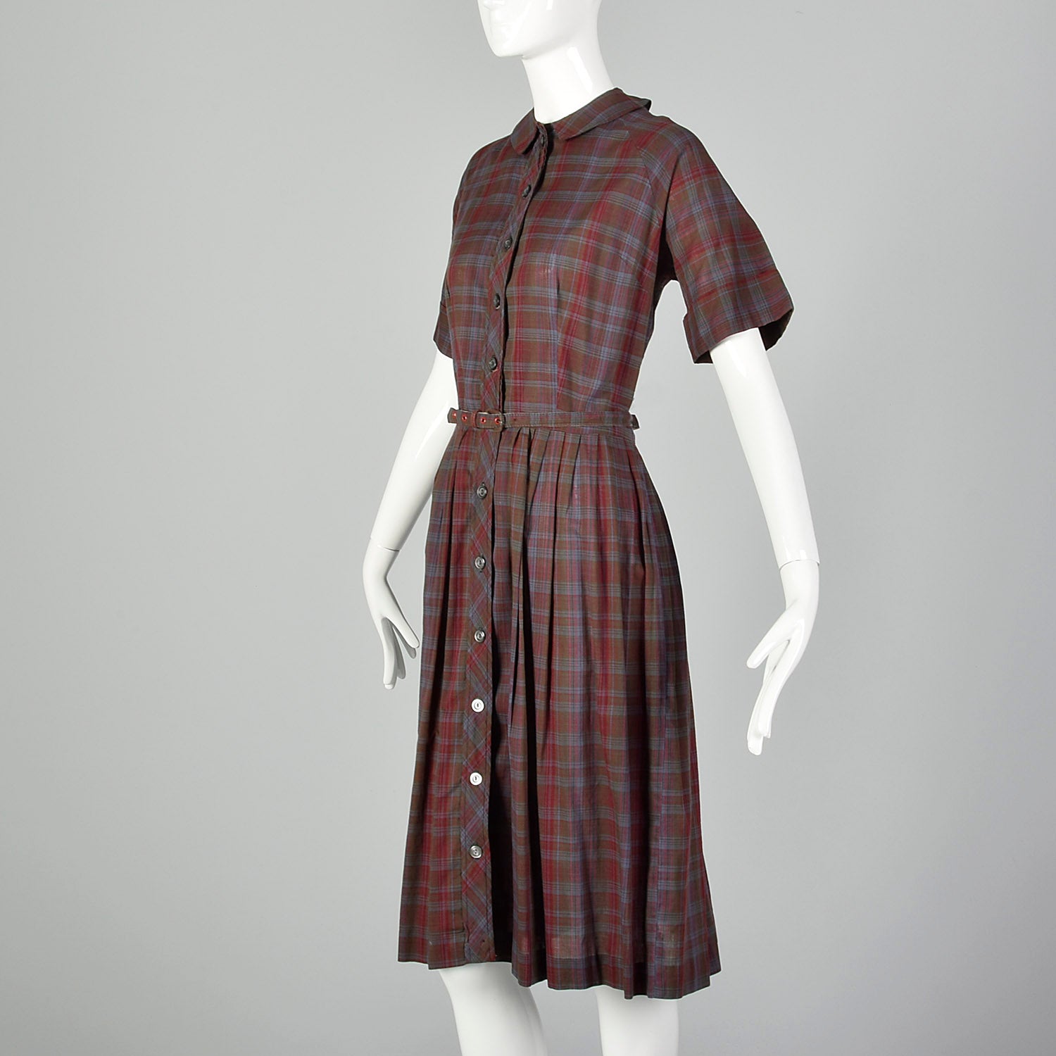 XL 1950s Burgundy Plaid Shirtwaist Day Dress Cotton Short Sleeve