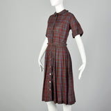 XL 1950s Burgundy Plaid Shirtwaist Day Dress Cotton Short Sleeve