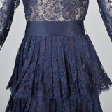1970s Scaasi Boutique Navy Blue Formal Lace Evening Dress