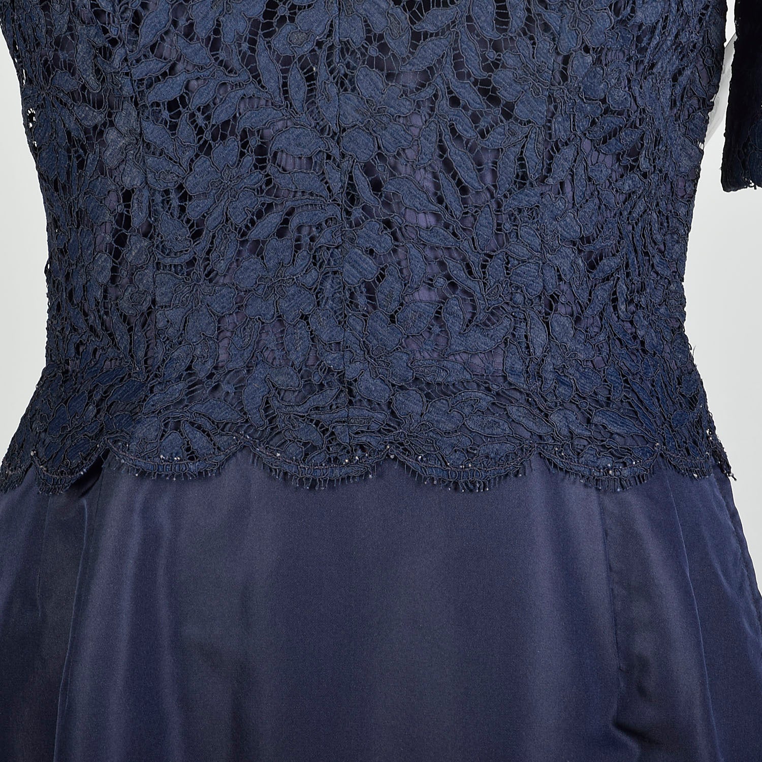 Large 1950s Navy Blue Cocktail Dress Illusion Neckline Lace Taffeta Evening Dress