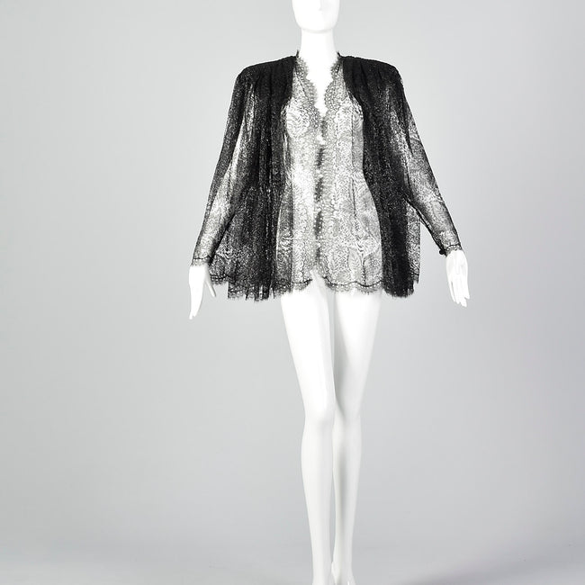 1980s Black & Silver Lace Swing Coat Galanos