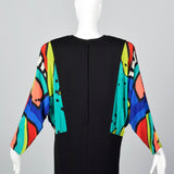 1980s Black Knit Dress with Colorful Silk Batwing Sleeves
