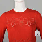 Small 1970s Dress Pat Sandler Red Knit Maxi Long Sleeve Sheer Decorative Details Knit