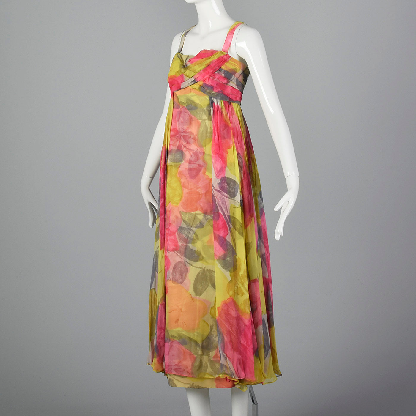 1960s Silk Floral Dress with Color Block Cape