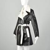 Medium 1970s Leather Trench Coat Black Mod White Huge Lapel Two Tone Jacket