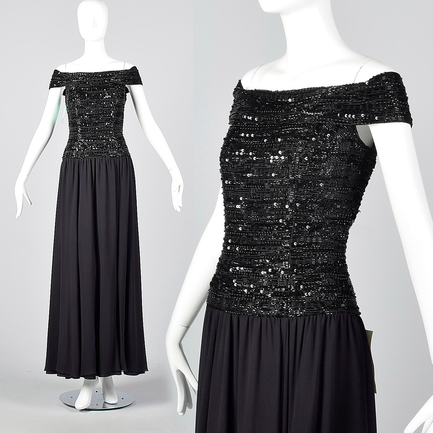 Off Shoulder Oleg Cassini Black Tie Formal Gown with Beaded Bodice and Full Skirt Off Shoulder Oleg Cassini Black Tie Formal Gown with Beaded Bodice and Full Skirt