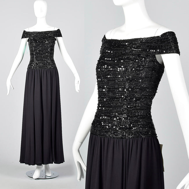Off Shoulder Oleg Cassini Black Tie Formal Gown with Beaded Bodice and Full Skirt