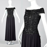 Off Shoulder Oleg Cassini Black Tie Formal Gown with Beaded Bodice and Full Skirt
