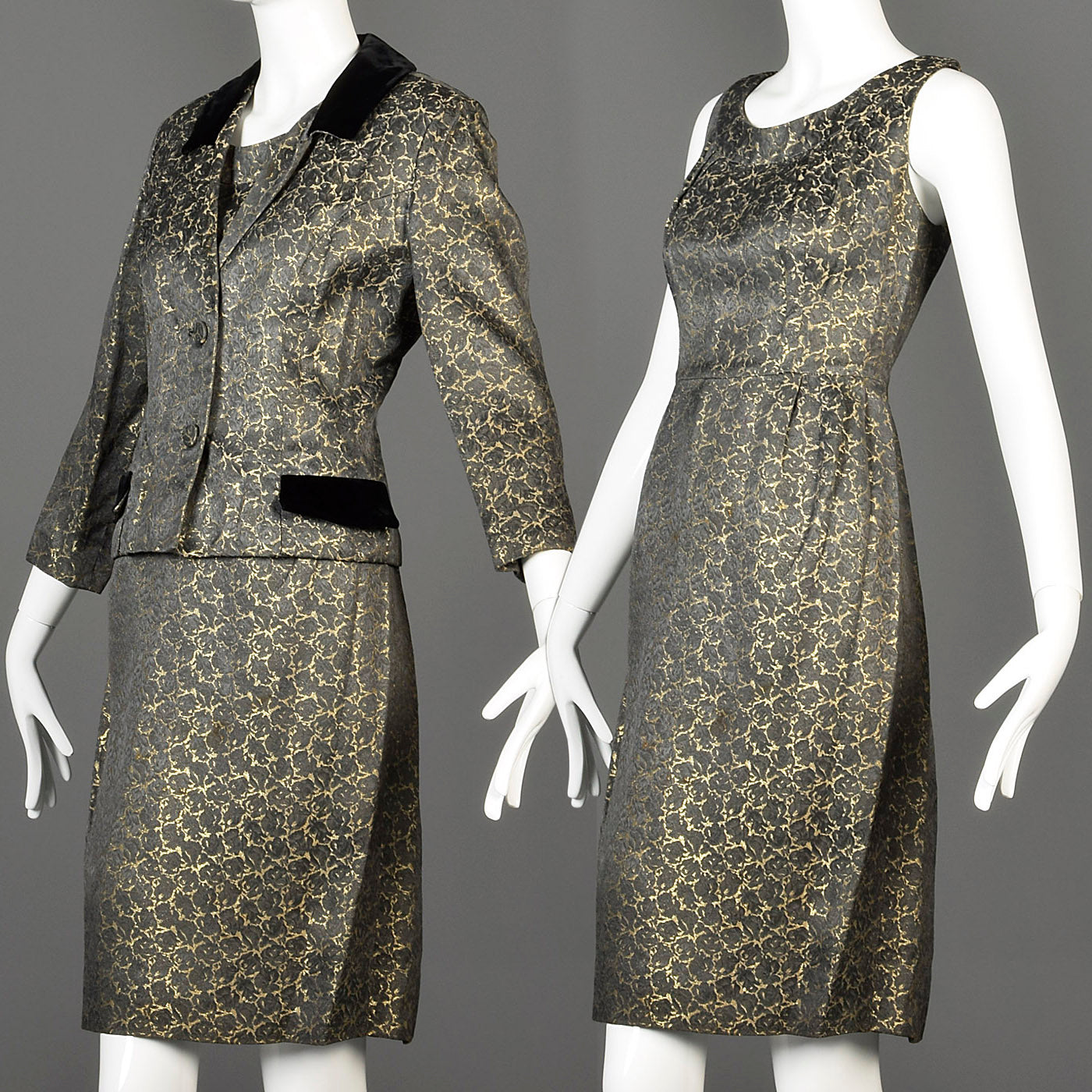 1960s Gold Brocade Dress with Matching Jacket and Velvet Detail