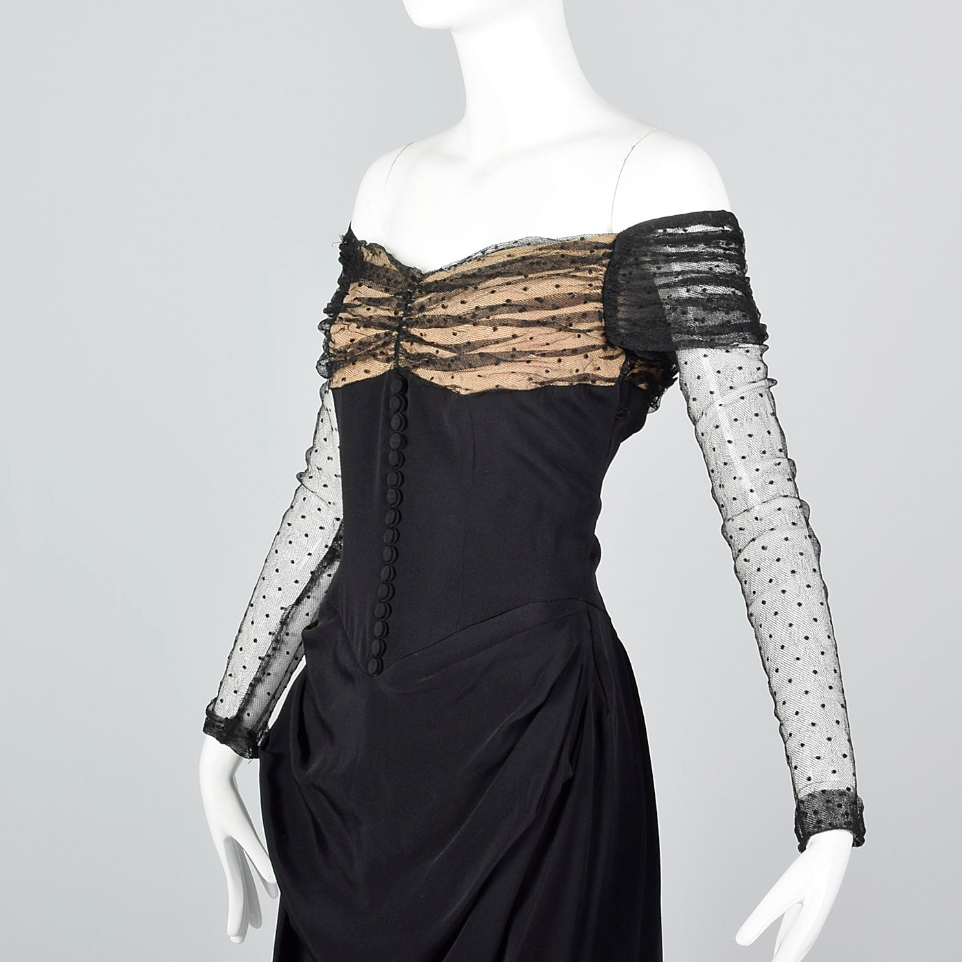 1950s Black Dress with Lace Illusion Neckline