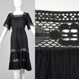 1970s Black Gauze Dress with Lace Trim