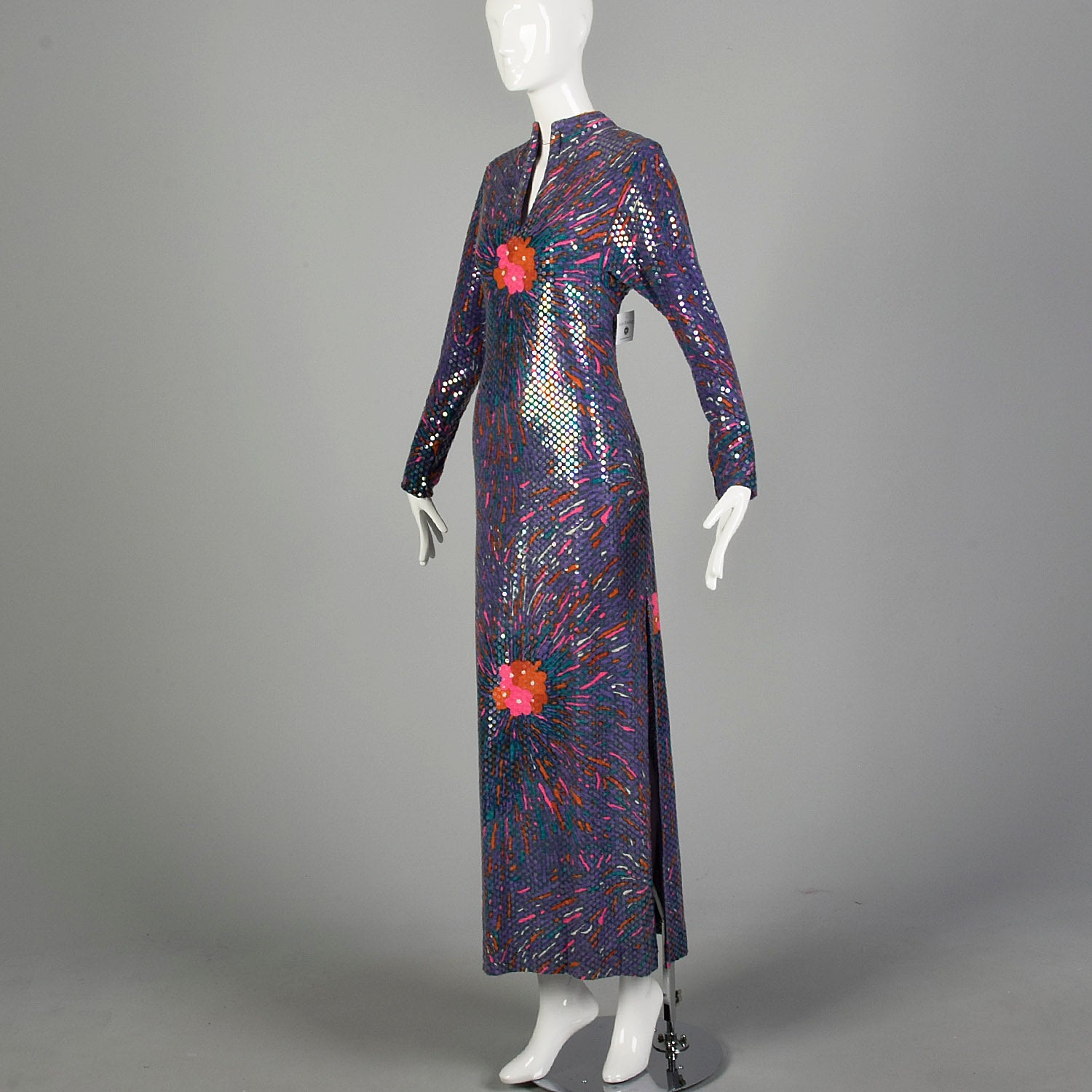 Small 1970s Malcom Starr Purple Evening Gown Purple Sequin Maxi Dress
