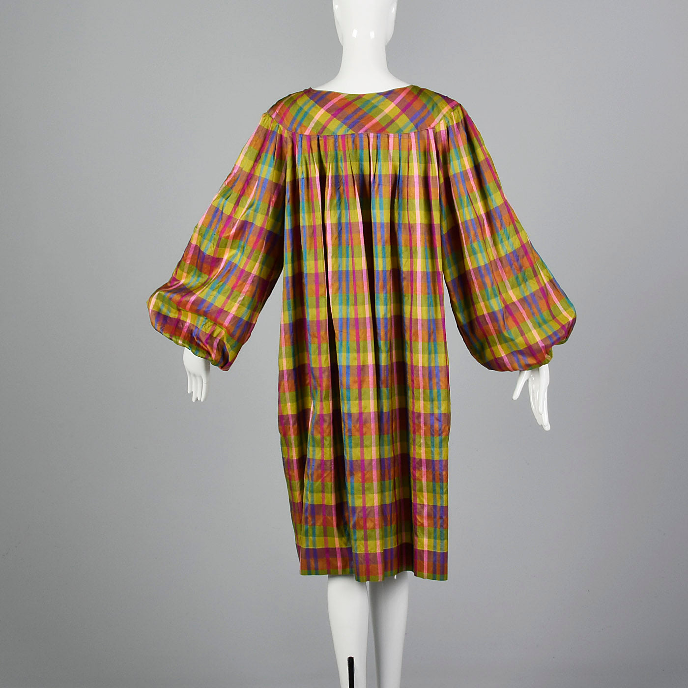 1970s Lanvin Lightweight Silk Dress in Rainbow Plaid with Huge Balloon Sleeves