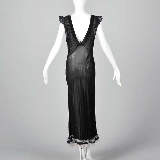 1930s Sheer Black Bias Cut Slip with White Trim