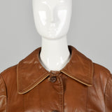 Large 1970s Brown Leather Trench Coat Wide Collar with Great Details