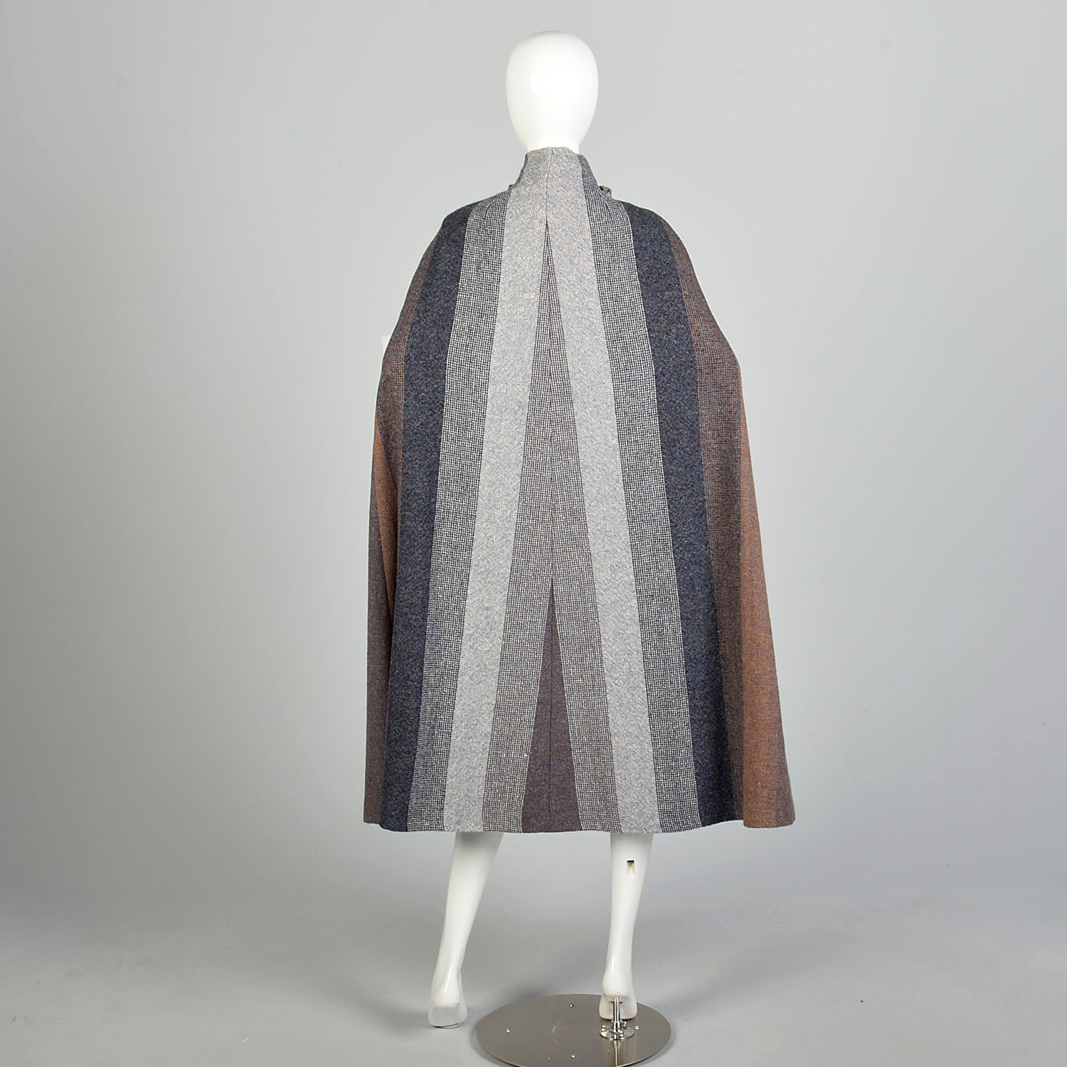 OSFM 1970s Tweed Color Block Cape Attached Scarf Wool Stripe Multi Color Wrap