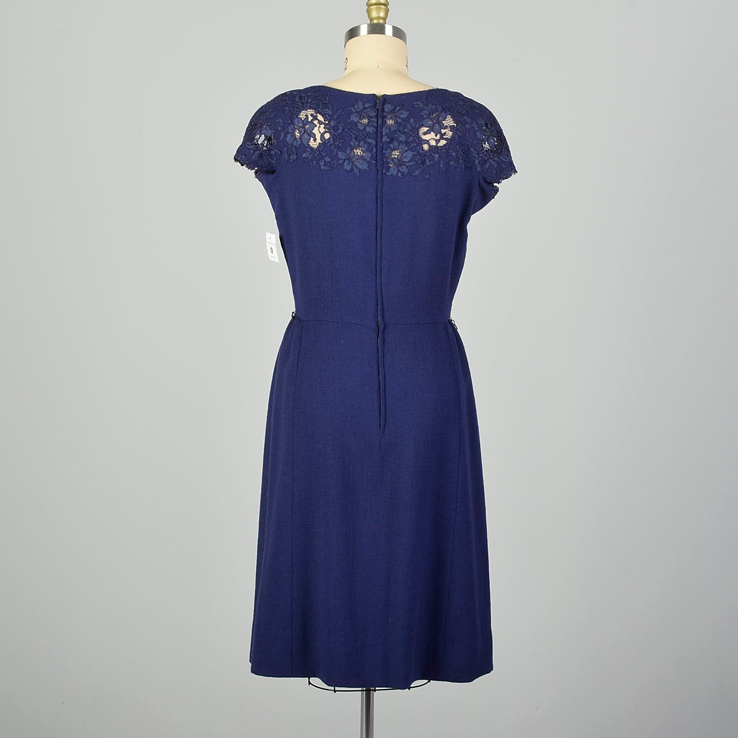 Large 1950s Blue Knit Dress with Lace Neckline Monochrome Harvey Berin