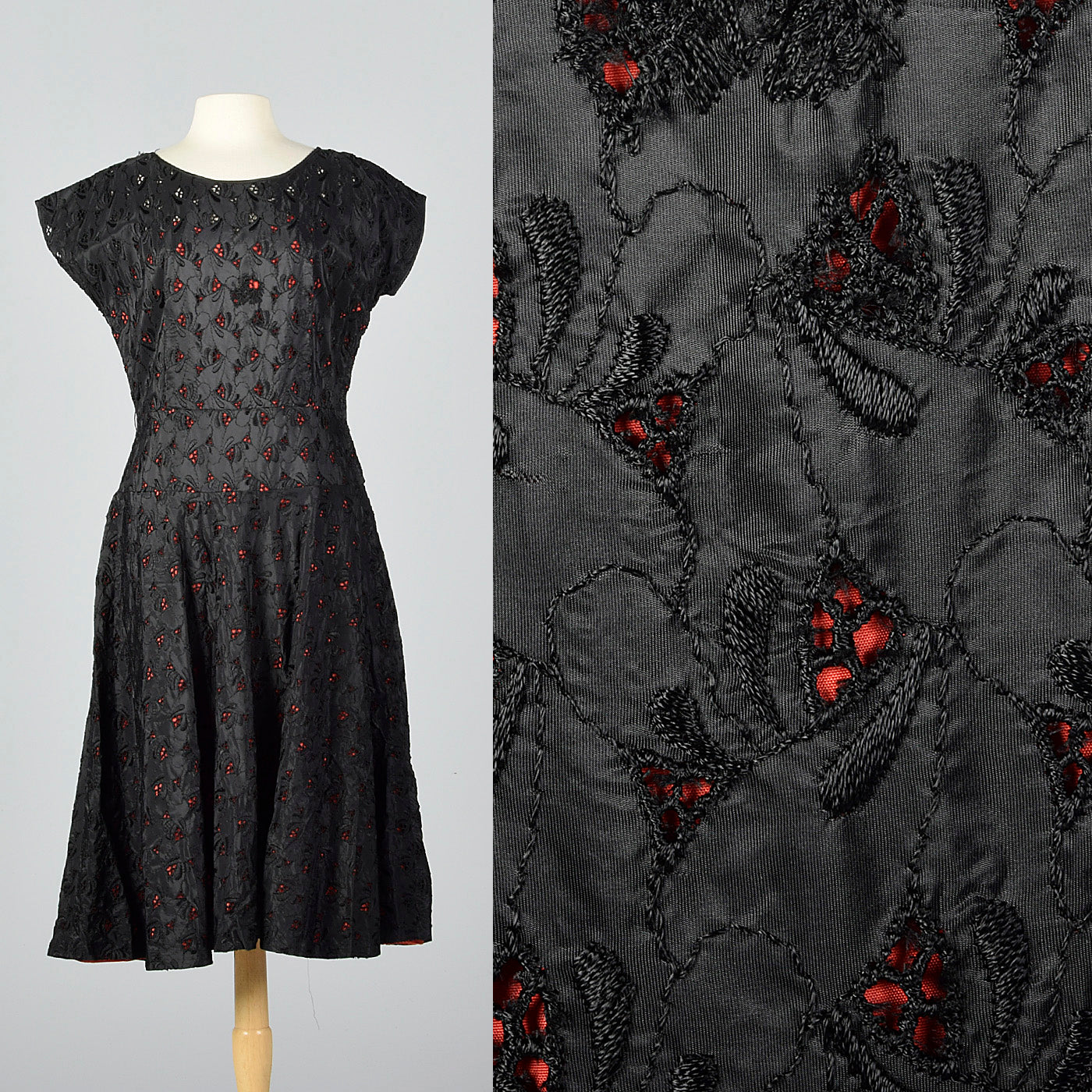 1950s Black Eyelet Dress with Red Lining