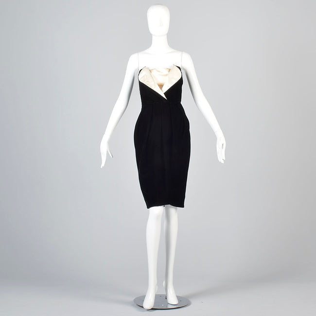 Timeless Lanvin Black Velvet Strapless Dress with Ivory Petal Bust