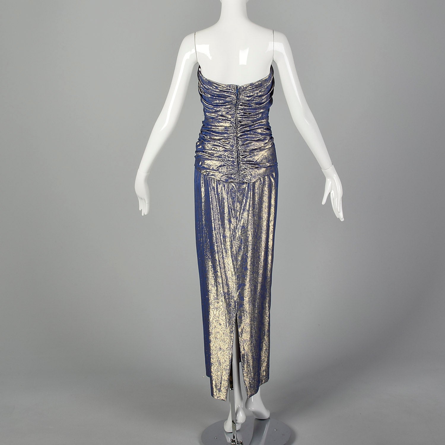 XS Blue & Gold Lamé Gown 1970s Strapless Sweetheart Neckline