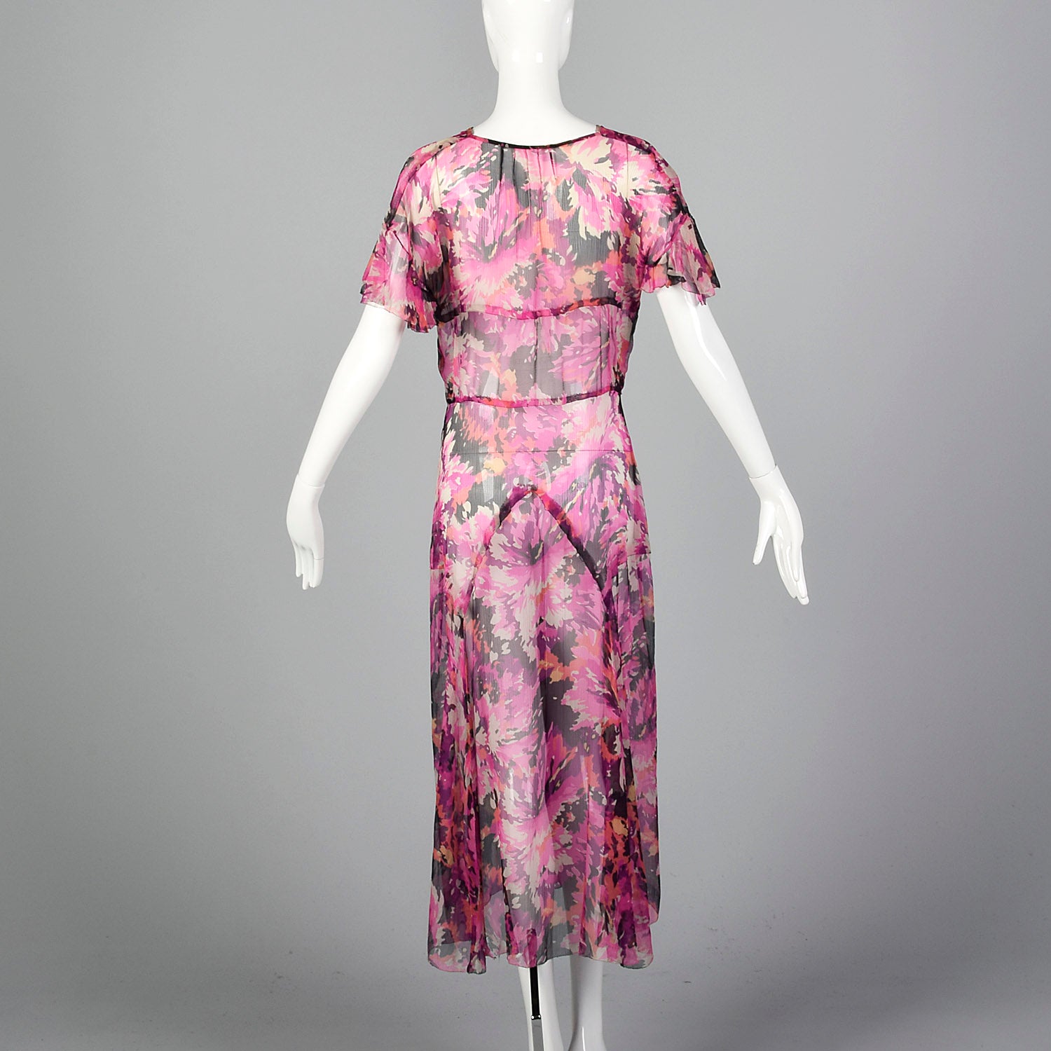 1930s Pink Silk Dress with Flutter Sleeves