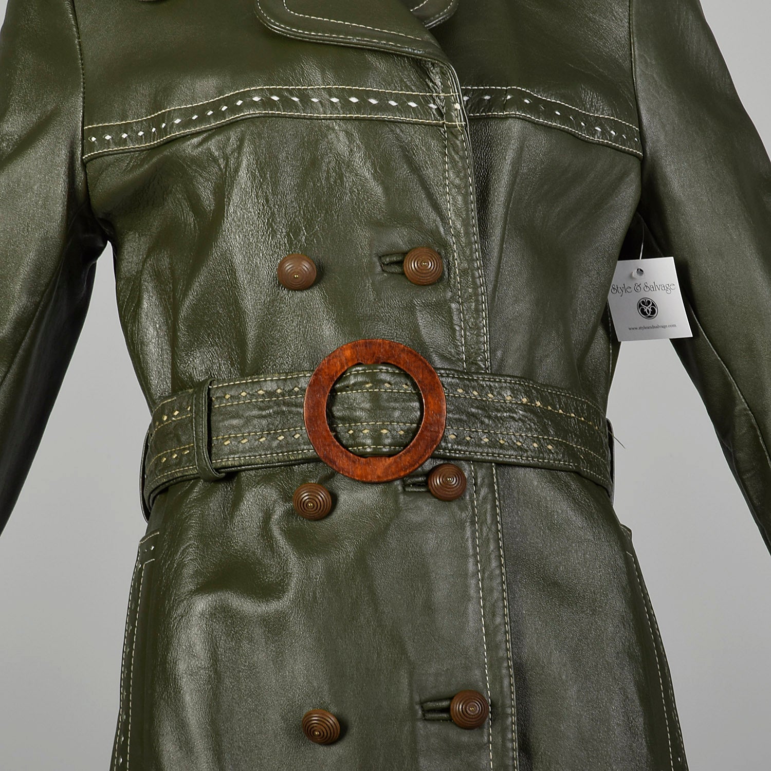 Small 1970s Green Leather Boho Trench Coat Topstitch