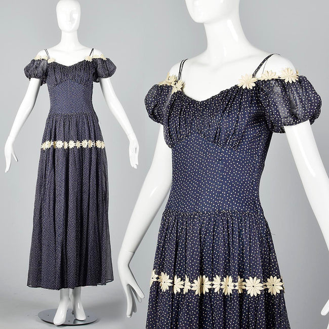 1940s Blue Flocked Swiss Dot Dress