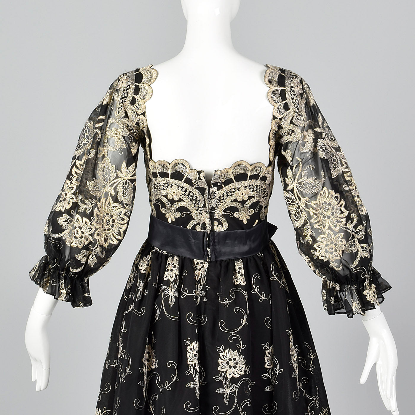 1980s Mr. Blackwell Evening Dress with Gold Embroidery