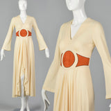 1970s Asymmetric Cream Dress with Suede Applique