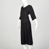 Medium 1990s Dress Black Beaded Crepe Quarter-Sleeve LBD