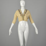 XS 1950s Beige Cropped Cardigan Sweater with Hand Embroidered Beading and Velvet Trim