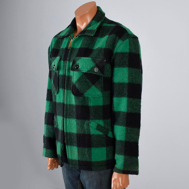 1950s Mens Green & Black Buffalo Check Wool Chore Jacket with a Zip Front