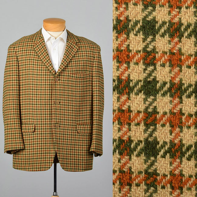 1960s Mens Green and Orange Check Jacket in Wool Tweed