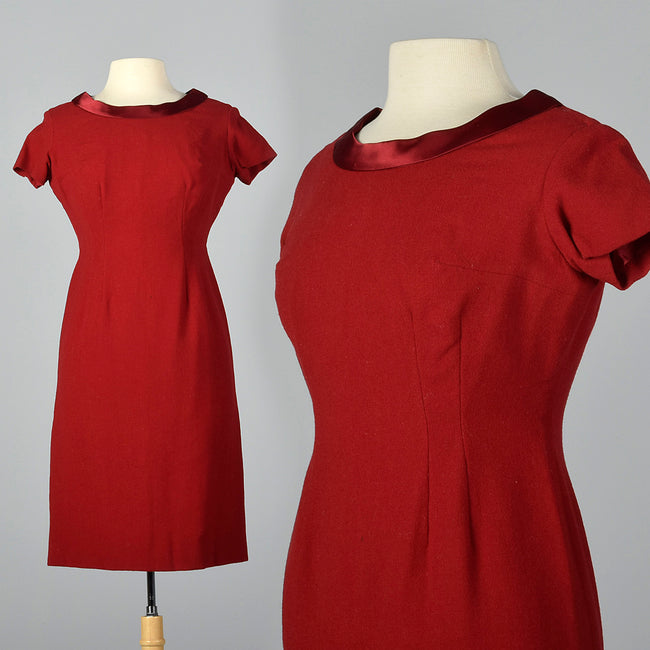 1950s Red Wool Dress with Satin Collar