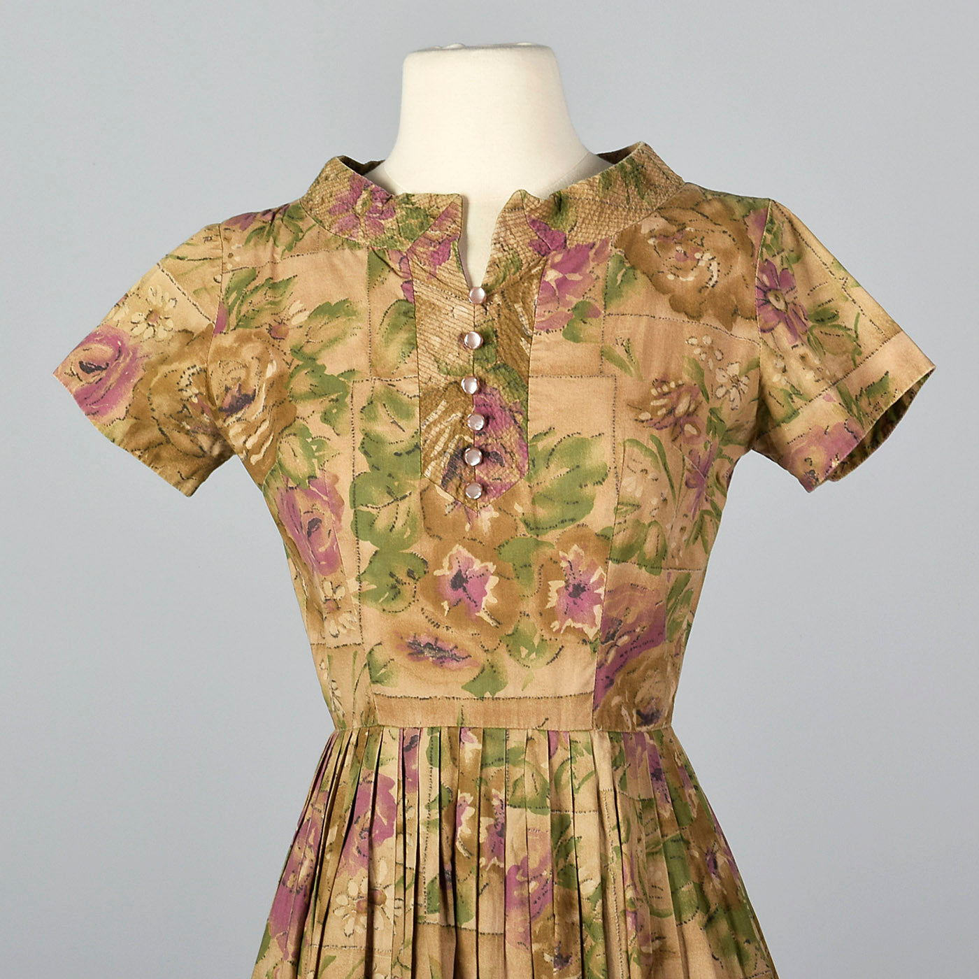 1950s Brown Floral Cotton Day Dress