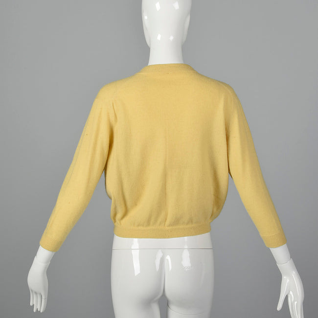 1950s Yellow Cashmere Cardigan with Floral Applique