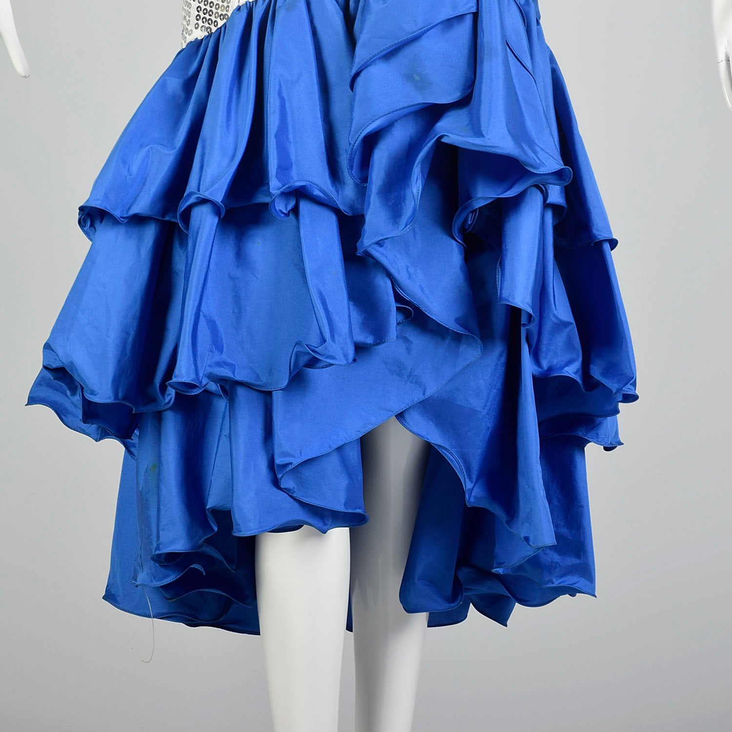 XS 1980s Blue Silver Sequin Calypso Gown Hi Lo Ruffle Hem Asymmetric Taffeta Skirt