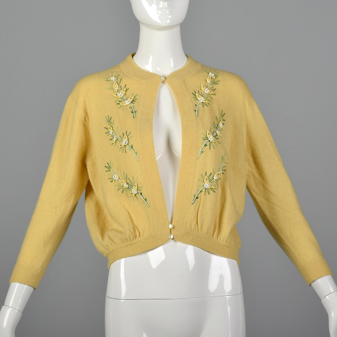 1950s Yellow Cashmere Cardigan with Floral Applique