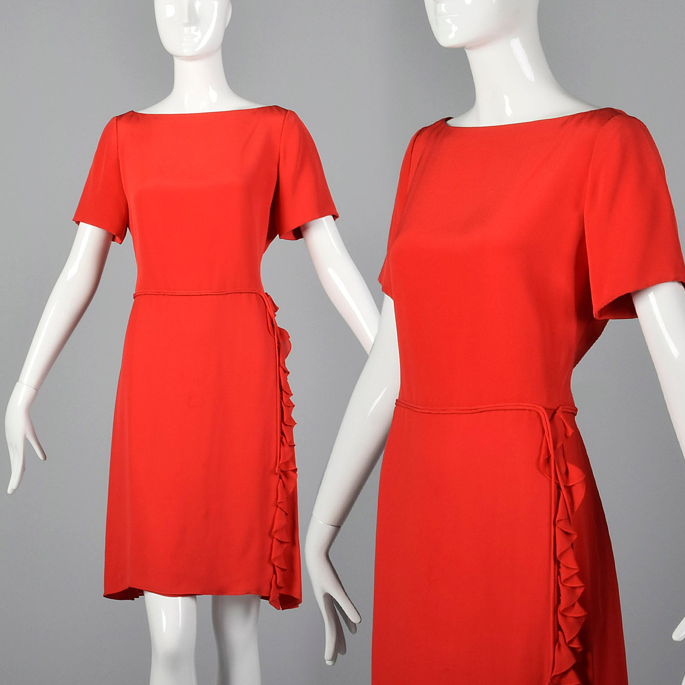 1990s Carolina Herrera Red Silk Dress with Wrap Skirt