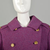 Small 1960s Coat Purple Mod Double Breasted Military Wool Winter Outerwear