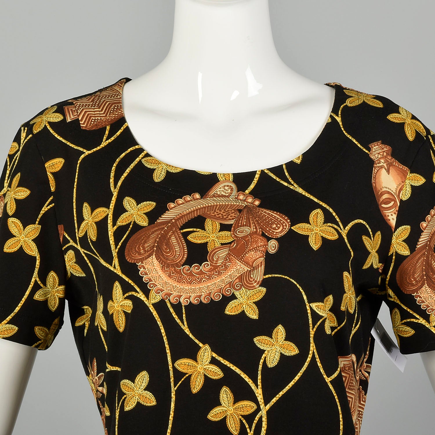 Escada Novelty Gold Ethnic Print T Shirt Black Short Sleeve Top